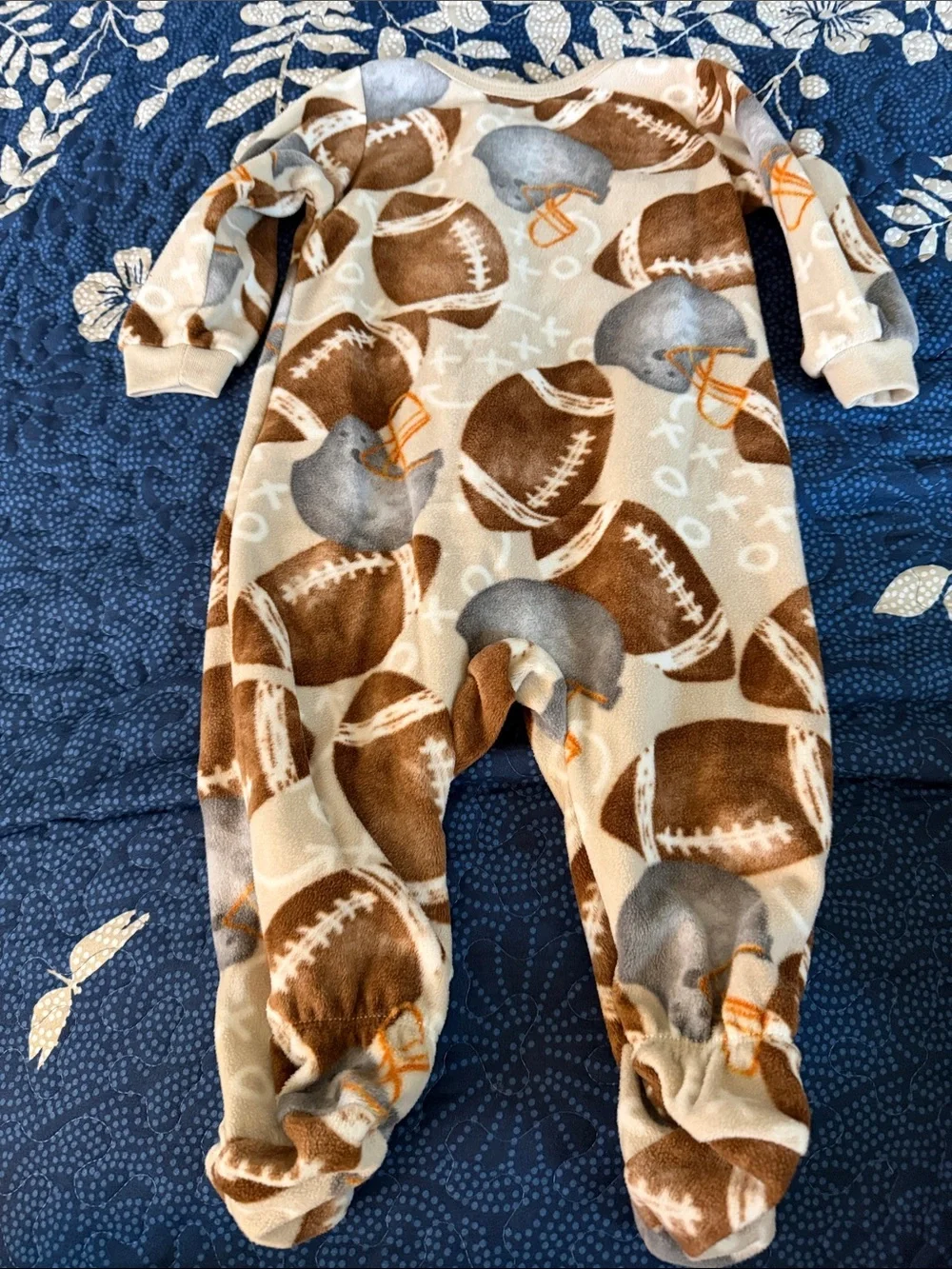 Kids Headquarters size 9M two Football Fleece One-Piece Sleepers - Gray & Brown